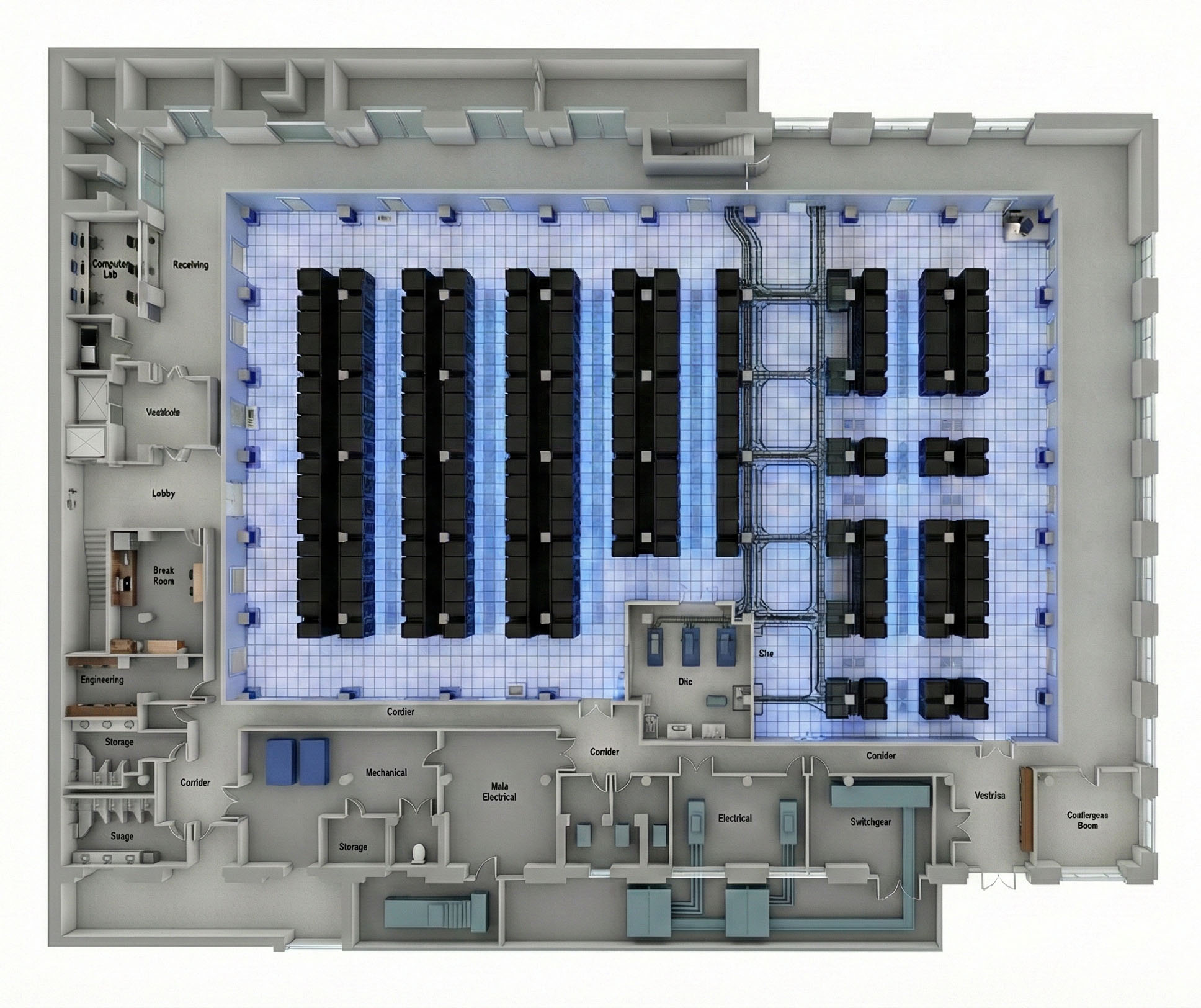 Poindexter Building ground floor data center rendered floor plan showing server racks, mechanical rooms, electrical switchgear, and support spaces