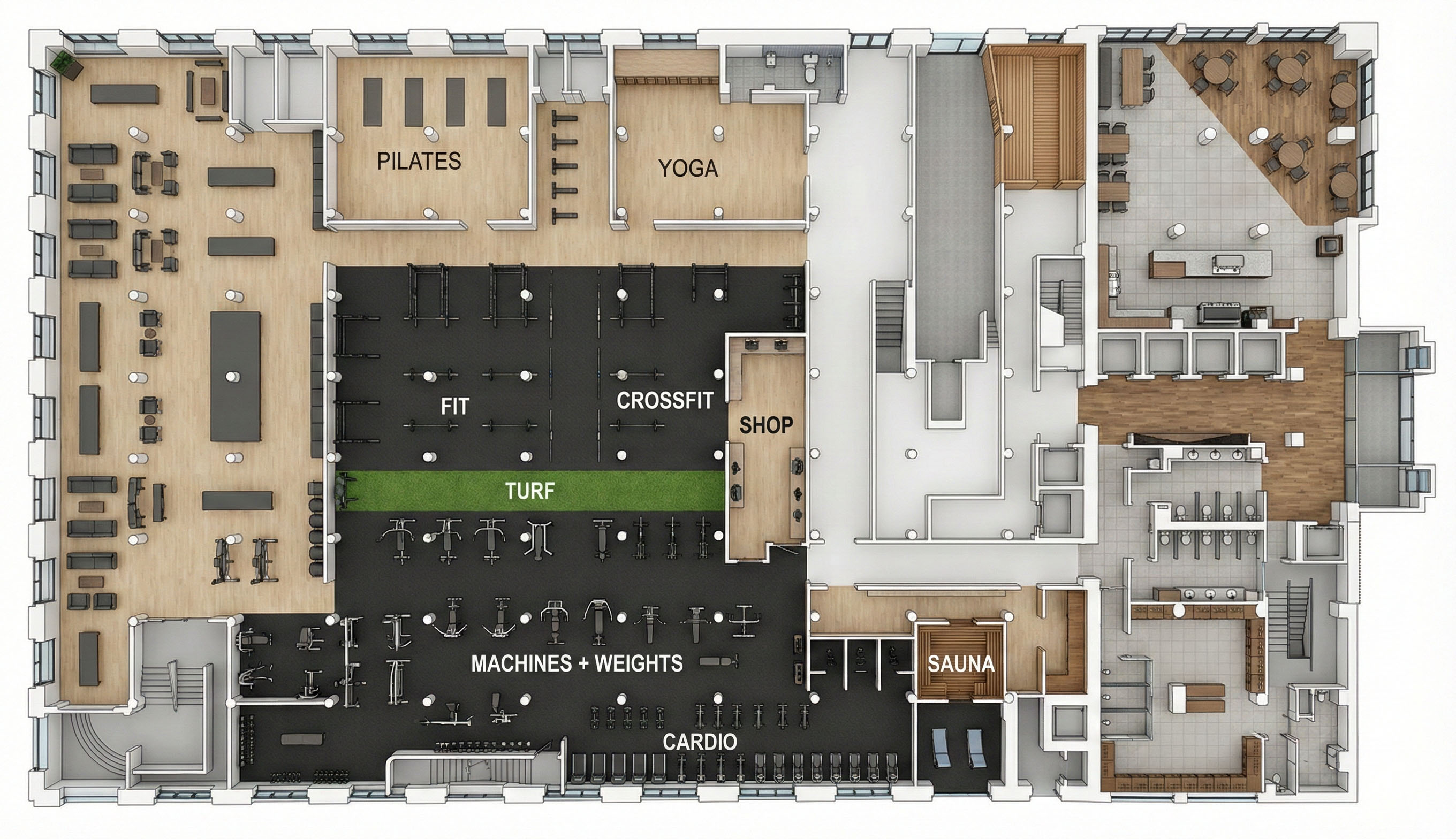 Poindexter Building first floor social club rendered floor plan showing fitness areas, pilates studio, yoga room, crossfit zone, sauna, cafe bar, and coworking lounge